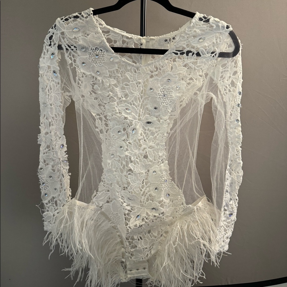 Elegant White Lace Bodysuit with Feather Details